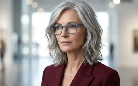 Eine Frau mit stufenschnitt frisuren graue haare mittellang trägt eine dunkelrote Jacke und eine Halskette.