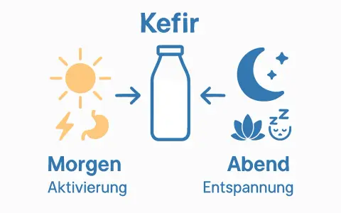 Kefir: Morgen für Aktivierung mit Sonne und Magen-Symbol, Abend zur Entspannung mit Mond, Sternen und Schlaf-Symbol.