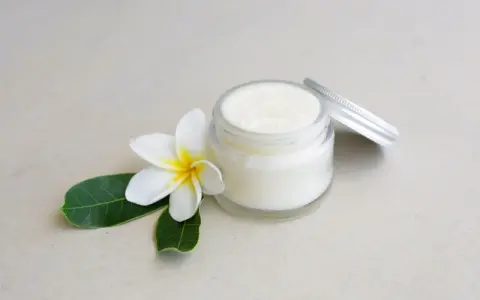 Creme in einem Glas mit einer Blüte und Blättern. Perfekt, um Deo selber machen mit Sheabutter.