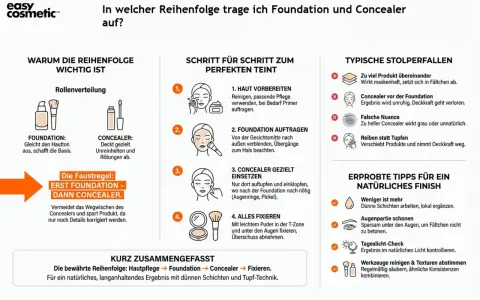 Die Faustregel: Erst Foundation, dann Concealer auftragen. So vermeidest du, dass das Produkt verschmiert und erzielst ein natürliches Finish.
