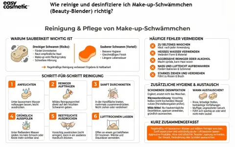 Make-up-Schwamm reinigen: Lauwarmes Wasser, milder Reiniger, sanft ausdrücken, lufttrocknen lassen. Aggressive Produkte vermeiden.