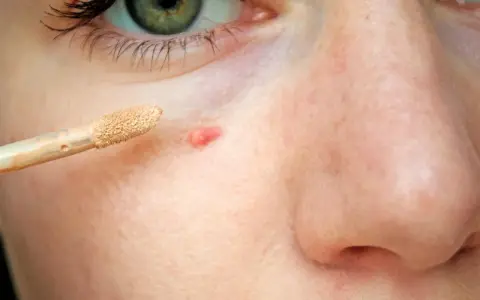 Ein Concealer-Applikator nähert sich einem roten Pickel mit Kruste, um ihn abzudecken.