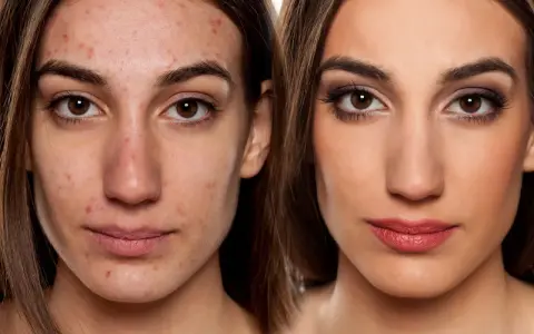 Vorher-Nachher-Vergleich: Haut mit Akne und perfekt geschminktes Gesicht. Hausmittel zum Make-up fixieren können helfen.