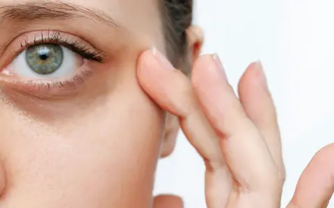 Nahaufnahme eines Auges mit sichtbaren Augenringen. Ein Finger berührt sanft die Haut unter dem Auge, als würde man zeigen, wie schminke ich augenringe weg.