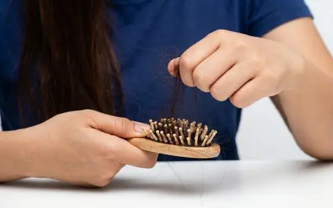 Besorgte Hände halten eine Bürste mit vielen Haaren. Was tun gegen Haarausfall? Informationen zu Ursachen und Behandlung.