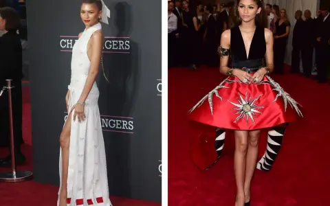 Zendaya in einem weißen Kleid mit Schleifen und einem roten Kleid mit Sonnensymbol. Ein echter Hingucker, wie ein **law roach** auf dem roten Teppich.