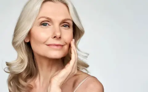 Eine Frau mit blonden Haaren berührt sanft ihr Gesicht. Ihr Make-up setzt sich in den feinen Falten ab, was ihrer Haut Tiefe verleiht.