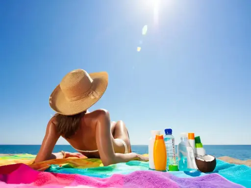 Frau mit Hut liegt am Strand, umgeben von Sonnencremes und Kokosnuss. So wird man schnell braun.