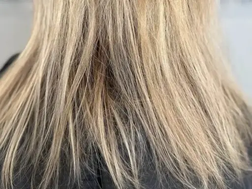 Blondes Haar, das so aussieht, als ob die Haare wachsen nicht mehr. Die Spitzen sind leicht ausgefranst.