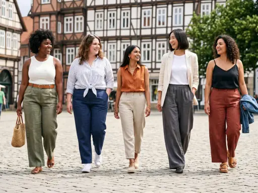 Fünf Frauen spazieren fröhlich über einen Platz. Sie zeigen, wie man Leinenhose kombinieren kann, in verschiedenen Farben und Styles.