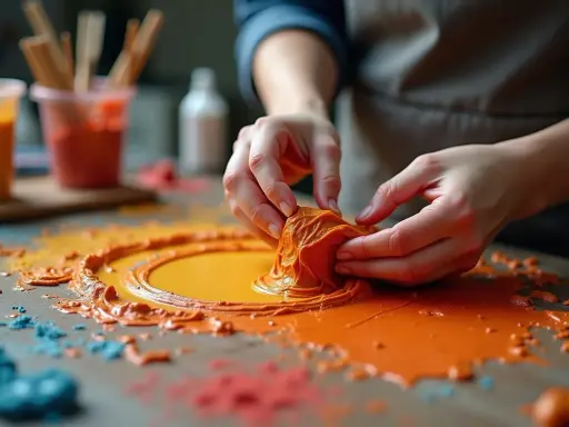 Hände formen orangefarbene Texturpaste. Das Selbermachen von Texturpaste ist ein kreativer Prozess, der Spaß macht.