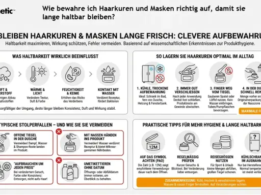 Haarkuren und Masken richtig lagern: Kühl, trocken, verschlossen aufbewahren, um zu verhindern, dass sie ablaufen.
