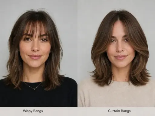 Frau mit braunen Haaren, links mit fransigem Pony, rechts mit Curtain Bangs mit Stufen, die ihr Gesicht umrahmen.