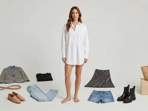 So stylst du eine oversize Bluse: Blazer, Jeans, Lederrock, Shorts, Loafer und Boots.