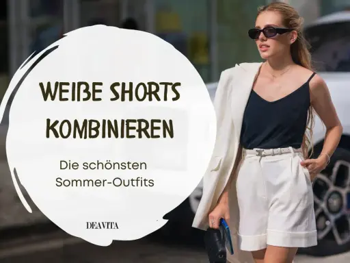 Stylische Frau in weißen Shorts und schwarzem Top, perfekt, um weiße Shorts zu kombinieren für sommerliche Outfits.
