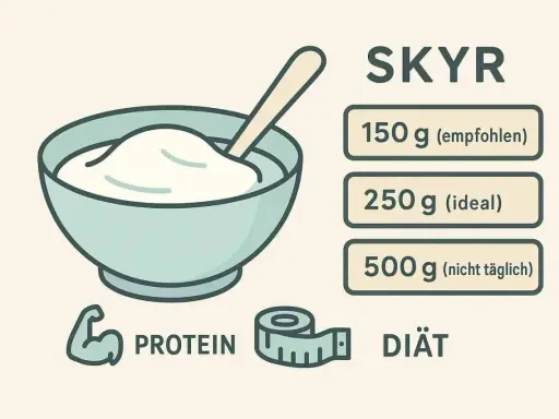 Schüssel mit Skyr, Protein und Maßband. Ideal für deine Diät zum Abnehmen: 150g empfohlen, 250g ideal.