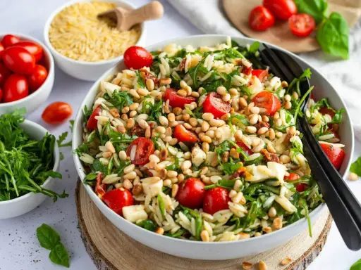Ein leichtes Mittagessen im Sommer: Orzo-Salat mit Kirschtomaten, Rucola und Pinienkernen.