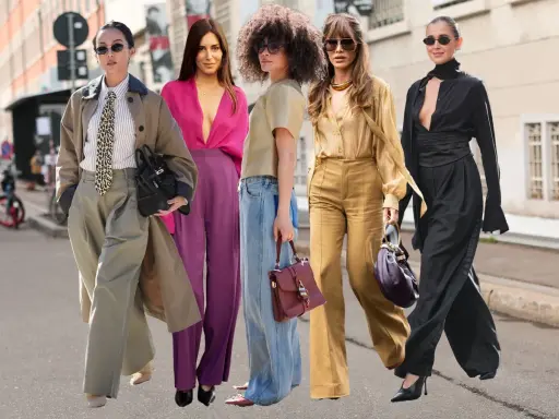 Fünf Frauen zeigen, wie man Palazzo-Hosen kombiniert: von lässig bis elegant, in verschiedenen Farben und Stoffen.