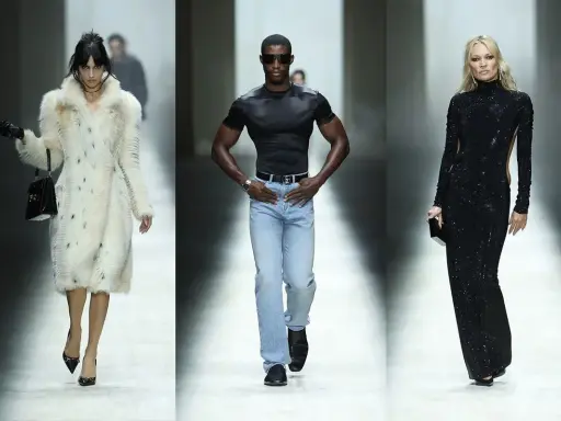 Models präsentieren auf dem Laufsteg Looks von Gucci Designer: eine Frau im Pelzmantel, ein Mann in Jeans und ein Model in einem glitzernden schwarzen Kleid.