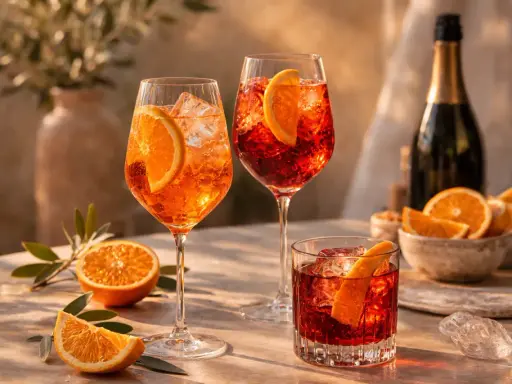 Erfrischende Aperol Spritz und Negroni Cocktails mit Orangenscheiben, Eis und einer Flasche Sekt – die perfekten spritz zutaten der iba.