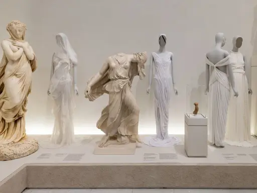 Antike Skulpturen und moderne Kleider inspirieren das Met Gala Thema. Weiße, fließende Stoffe erinnern an griechische Göttinnen.