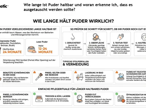 Gepresstes Puder hält ca. 24 Monate, loses Puder 12-24 Monate. So erkennst du, wie lange ist Puder haltbar: Geruch, Oberfläche, Textur und Hautreaktion prüfen.