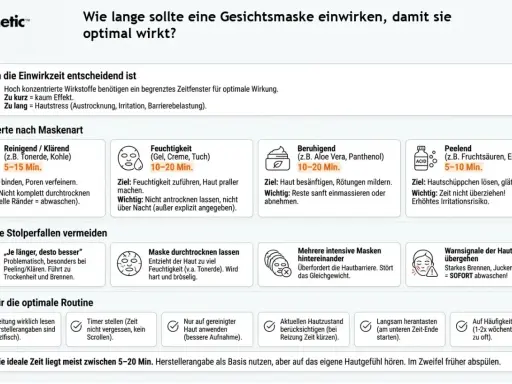 Die ideale Einwirkzeit für Gesichtsmasken liegt meist zwischen 5-20 Min. Je nach Maskentyp variiert die Dauer, um die Haut optimal zu pflegen.