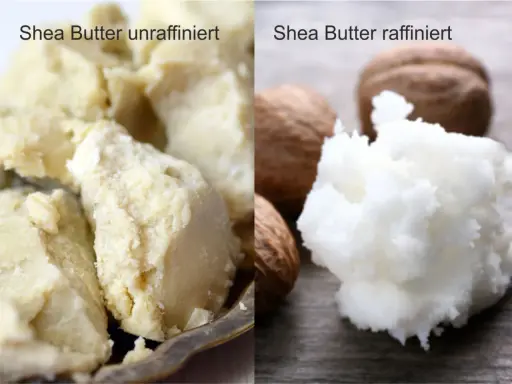 Vergleich von unraffinierter und raffinierter Sheabutter. Bei der raffinierten Variante sind die Nüsse sichtbar. Selten sind sheabutter nebenwirkungen.
