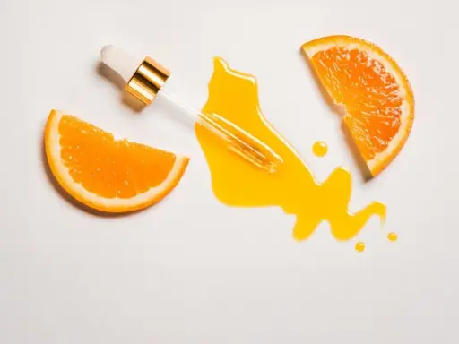 Ein Pipettenfläschchen mit leuchtend gelbem Vitamin C Serum, umgeben von saftigen Orangenscheiben. Morgens oder abends für strahlende Haut.