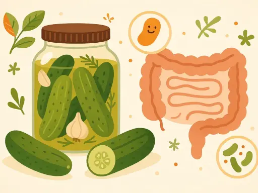 Essiggurken sind gesund! Ein Glas eingelegter Gurken, Knoblauch und ein lächelndes Bakterium neben einem Darm zeigen, wie gut sie für die Verdauung sind.