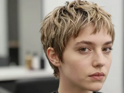 Moderne kurzhaarfrisuren damen: Ein frecher Pixie-Schnitt mit blonden Strähnen und einem lässigen Look.
