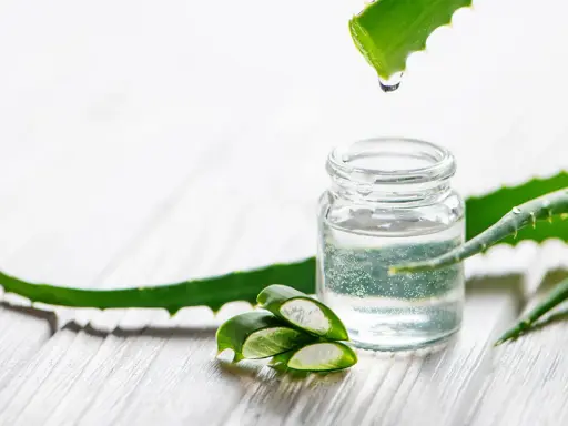 Frisches Aloe Vera Gel tropft in ein Glasfläschchen. Ob man Aloe Vera Gel abwaschen muss, hängt von der Anwendung ab.
