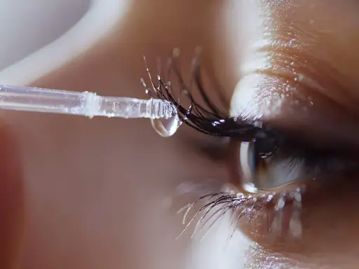 Ein Tropfen Serum auf einer Wimpernapplikator-Bürste, bereit, das Wachstum der Wimpern zu fördern.