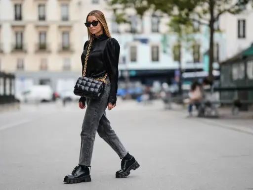 Stilvolle Frau in grauer Jeans, schwarzer Bluse und Plateau-Schuhen. Perfekt, um graue Jeans zu kombinieren!