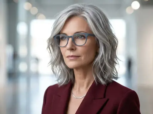 Eine Frau mit stufenschnitt frisuren graue haare mittellang trägt eine dunkelrote Jacke und eine Halskette.
