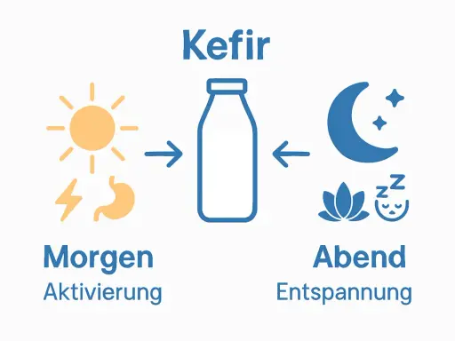 Kefir: Morgen für Aktivierung mit Sonne und Magen-Symbol, Abend zur Entspannung mit Mond, Sternen und Schlaf-Symbol.