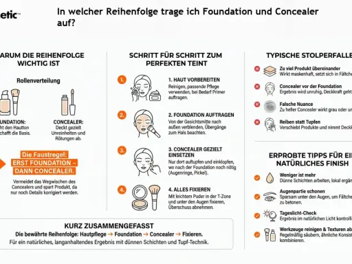 Die Faustregel: Erst Foundation, dann Concealer auftragen. So vermeidest du, dass das Produkt verschmiert und erzielst ein natürliches Finish.