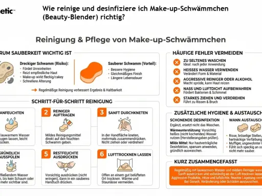 Make-up-Schwamm reinigen: Lauwarmes Wasser, milder Reiniger, sanft ausdrücken, lufttrocknen lassen. Aggressive Produkte vermeiden.
