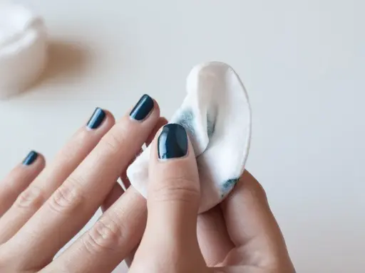 Eine Hand mit dunkelblauem Nagellack wird mit einem Wattepad abgewischt, um den Nagellack zu entfernen.