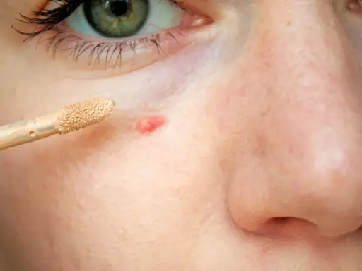 Ein Concealer-Applikator nähert sich einem roten Pickel mit Kruste, um ihn abzudecken.