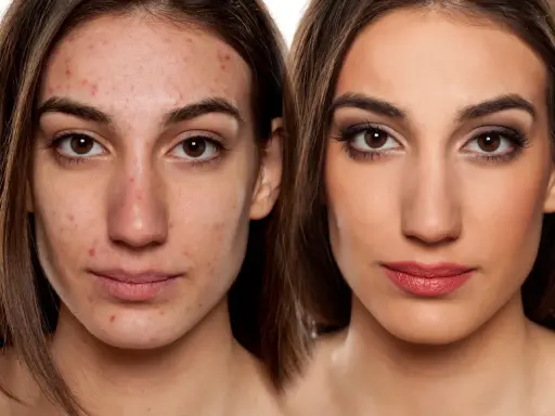 Vorher-Nachher-Vergleich: Haut mit Akne und perfekt geschminktes Gesicht. Hausmittel zum Make-up fixieren können helfen.