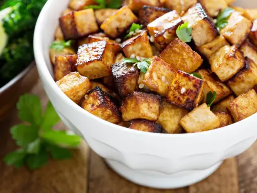 Knusprig gebratene Tofuwürfel in einer weißen Schüssel. Sie sehen lecker aus und man fragt sich, wie schmeckt tofu, wenn er so zubereitet wird.