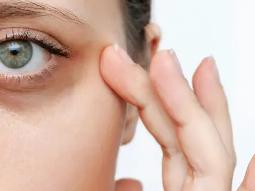 Nahaufnahme eines Auges mit sichtbaren Augenringen. Ein Finger berührt sanft die Haut unter dem Auge, als würde man zeigen, wie schminke ich augenringe weg.