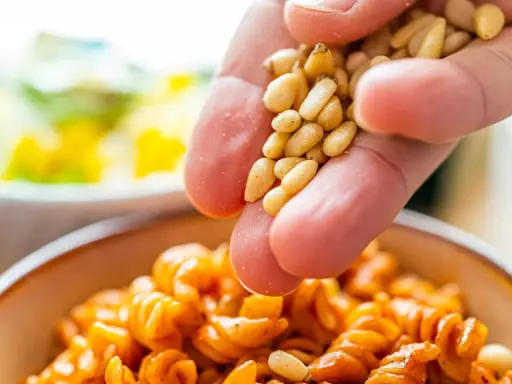 Eine Hand streut Pinienkerne über eine Schüssel mit Pasta. Pinienkerne gesund und lecker!