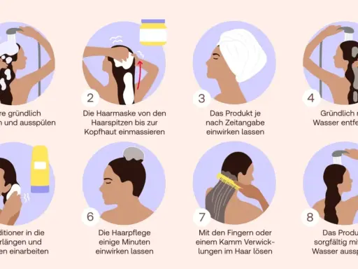 Schritt-für-Schritt-Anleitung zur Anwendung einer Haarmaske: Haare waschen, Maske einmassieren, einwirken lassen, ausspülen, Conditioner auftragen, erneut einwirken lassen, entwirren und gründlich ausspülen.