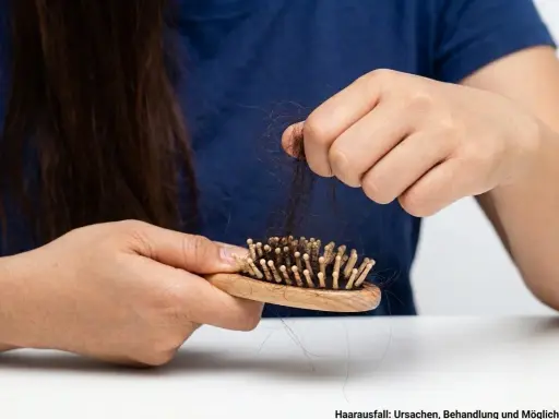 Besorgte Hände halten eine Bürste mit vielen Haaren. Was tun gegen Haarausfall? Informationen zu Ursachen und Behandlung.