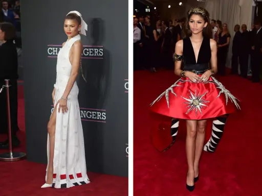 Zendaya in einem weißen Kleid mit Schleifen und einem roten Kleid mit Sonnensymbol. Ein echter Hingucker, wie ein **law roach** auf dem roten Teppich.