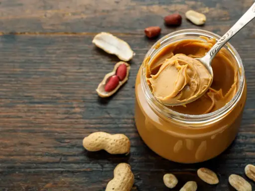 Ein Löffel cremiger Erdnussbutter ragt aus einem Glas. Umgeben von Erdnüssen und Schalen, zeigt das Bild, wie erdnussbutter gesund sein kann.