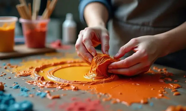Hände formen orangefarbene Texturpaste. Das Selbermachen von Texturpaste ist ein kreativer Prozess, der Spaß macht.