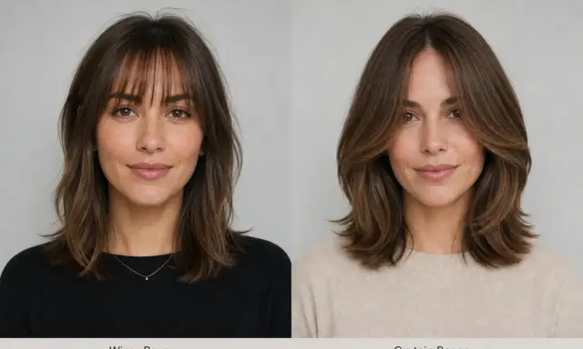Frau mit braunen Haaren, links mit fransigem Pony, rechts mit Curtain Bangs mit Stufen, die ihr Gesicht umrahmen.